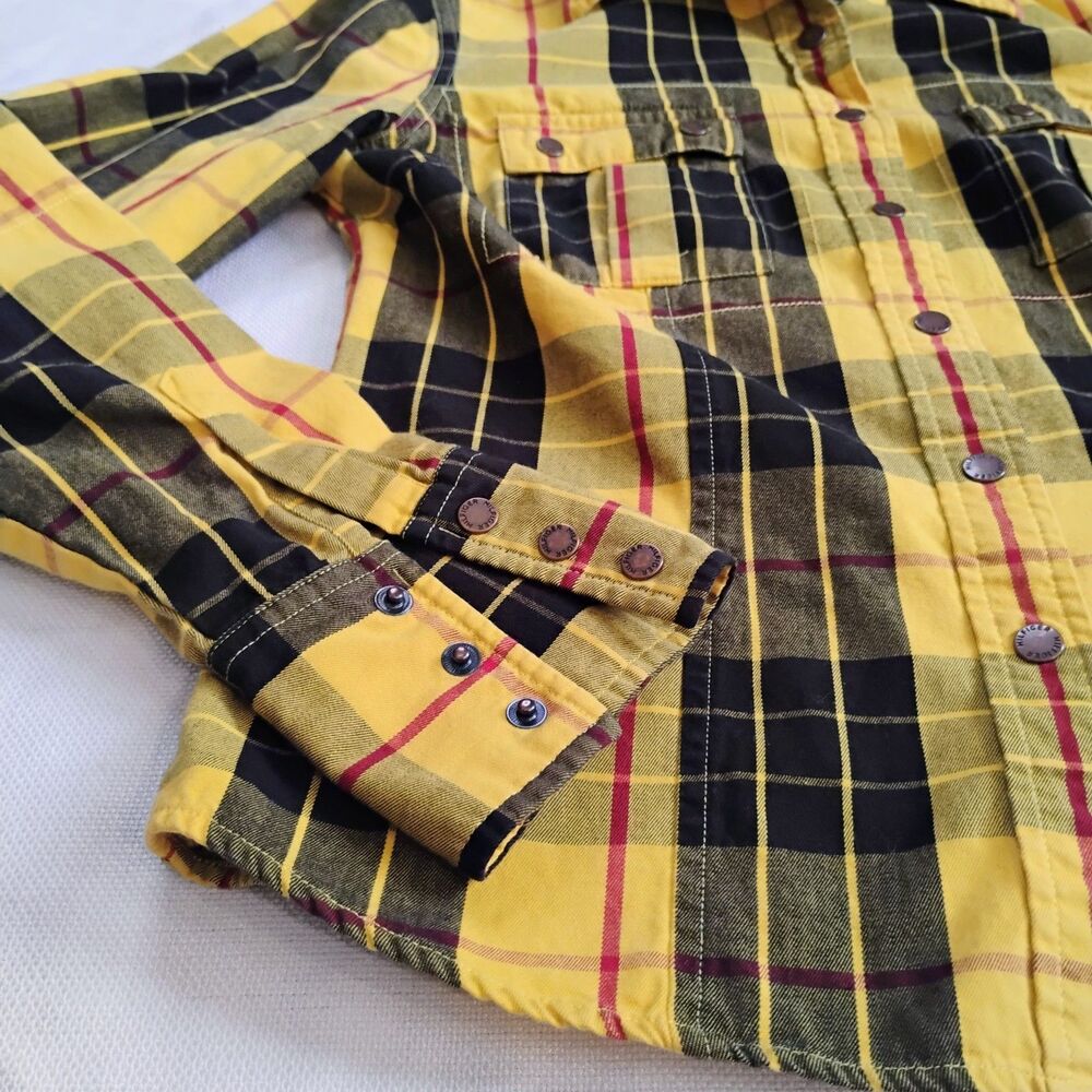 Tommy Hilfiger Y2K Yellow Plaid Flannel Shirt Small Clueless 2002 Snap Vintage - Picture 5 of 16